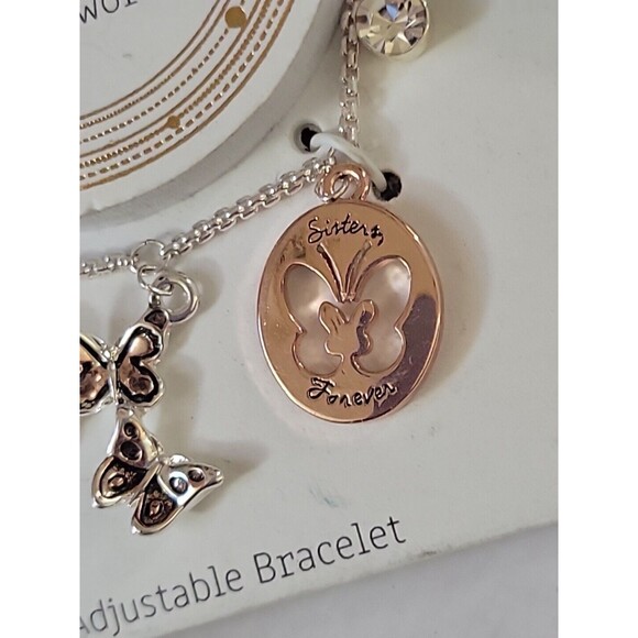 LA Rocks Silver & Rose Gold Tone Crystal Charm Bracelet w/ Butterflies & Flowers - Picture 4 of 6